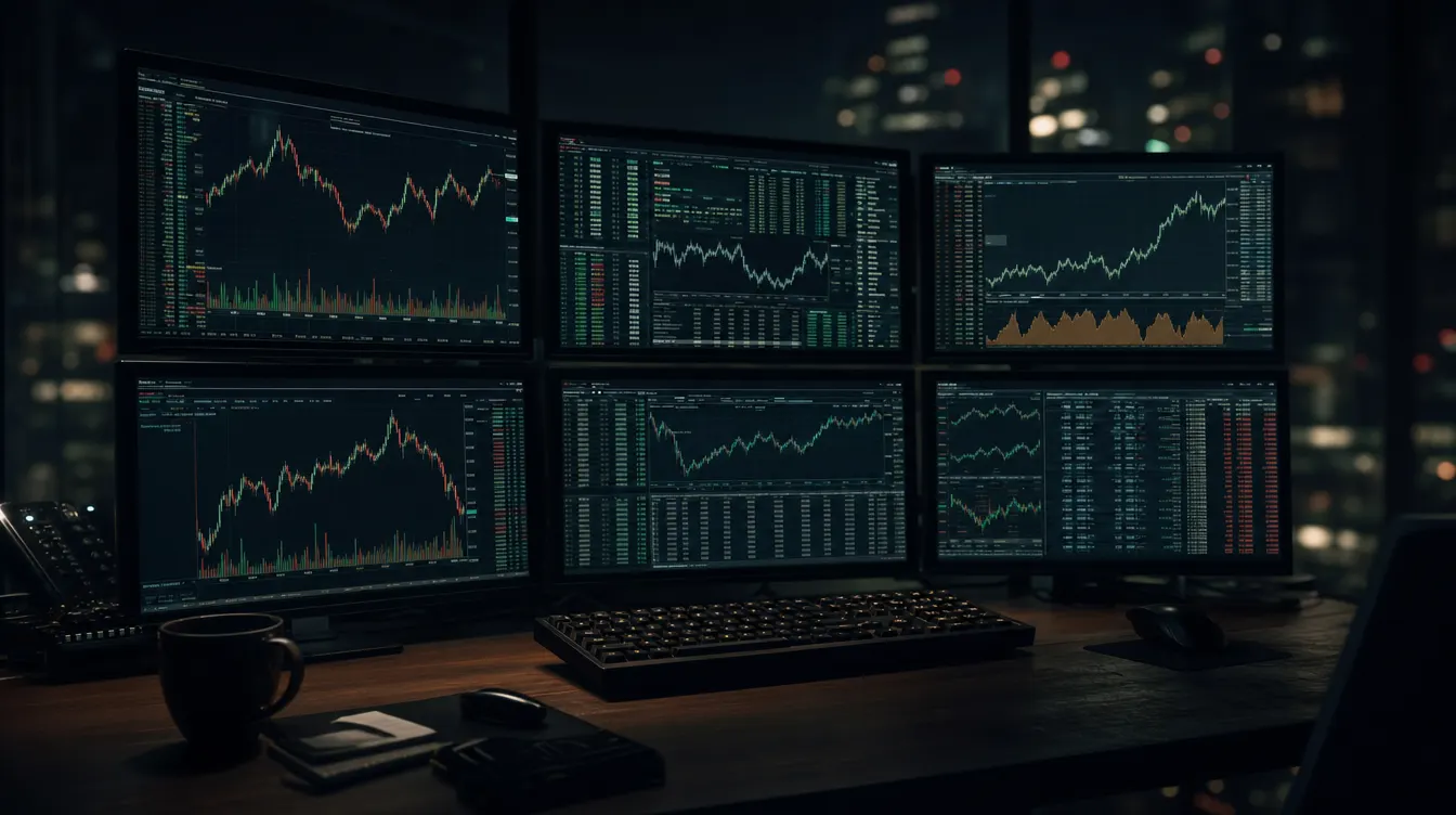 A trading desk at night with charts glowing on dark monitors